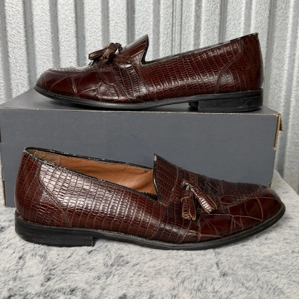 Stacy Adams Dress Shoes Mens 10.5 Cognac Brown Snake Skin Tassel Loafer Slip On